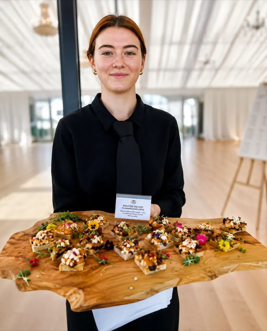A Cleese server presenting a canapé board