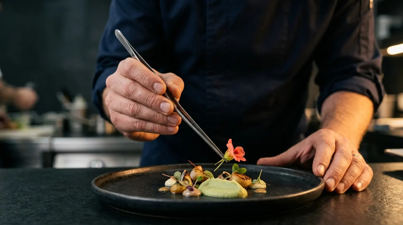 Chef plating a dish at the pass