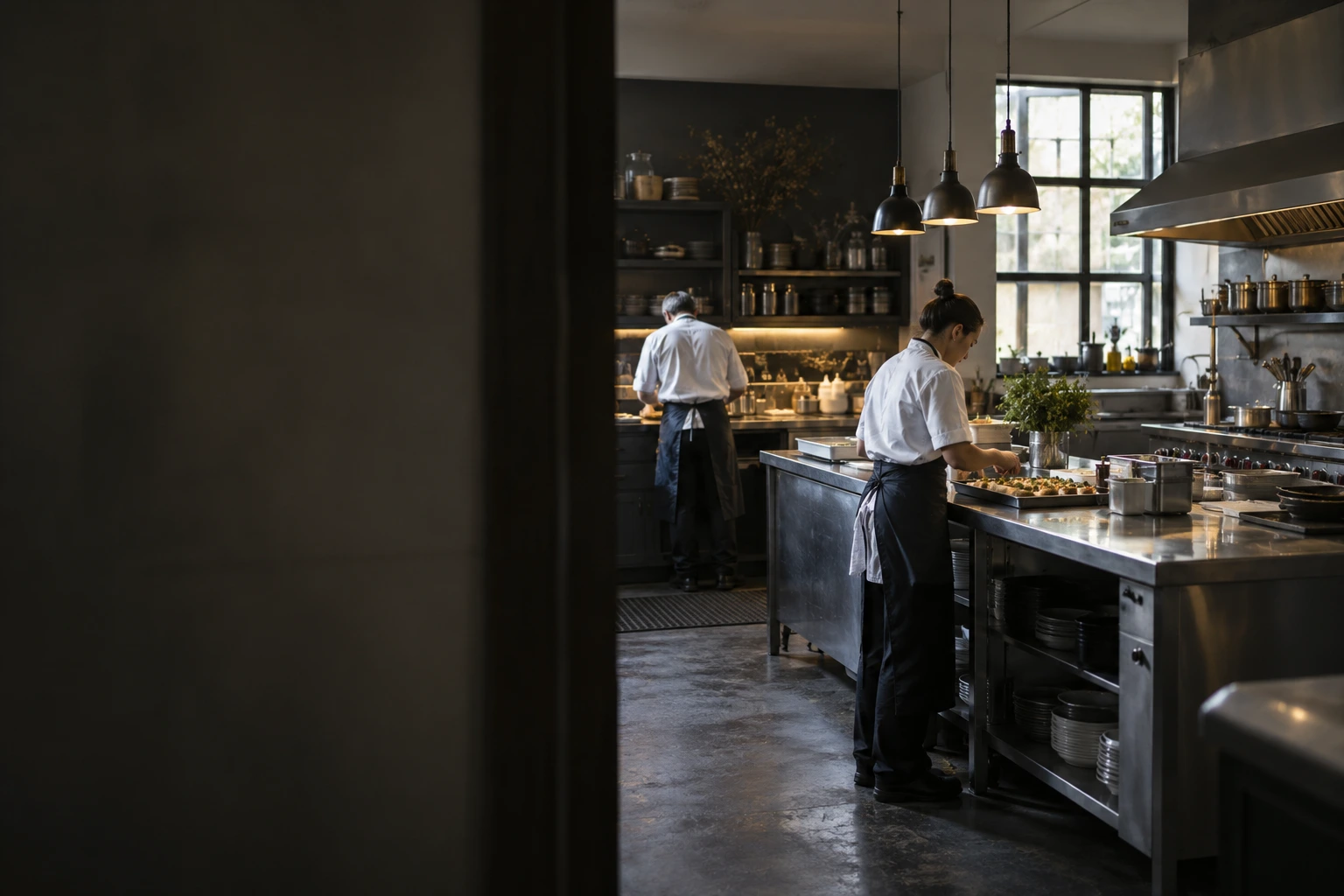 A wide kitchen scene with cooks preparing small bites for service