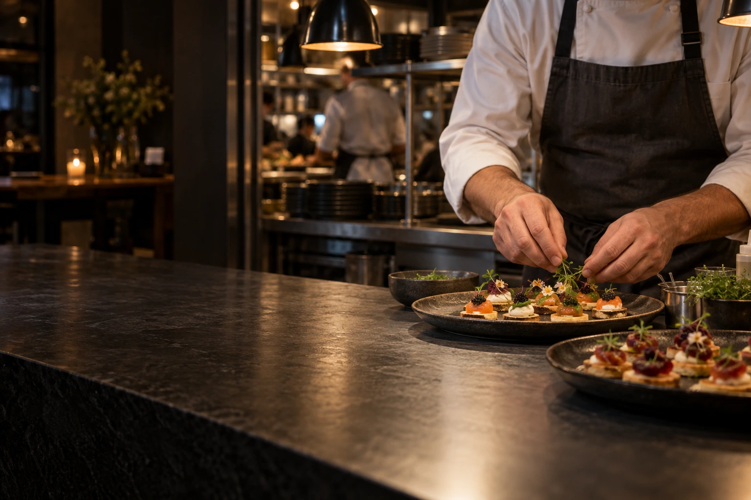 A chef finishing a platter of canapés